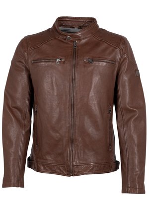 Braune Lederjacke mit hohem Kragen, gerippten Schulterdetails, zwei Reißverschluss-Brusttaschen und glatter, glänzender Textur.