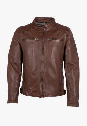 Braune Lederjacke mit hohem Kragen, gerippten Schulterdetails, zwei Reißverschluss-Brusttaschen und glatter, glänzender Textur.