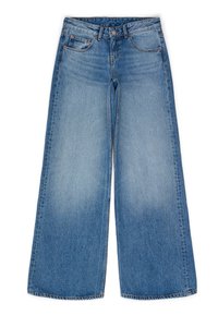 Jean en denim bleu à jambes larges avec un lavage délavé. Dispose de poches robustes, d'une taille haute et d'une fermeture classique à bouton et zip.