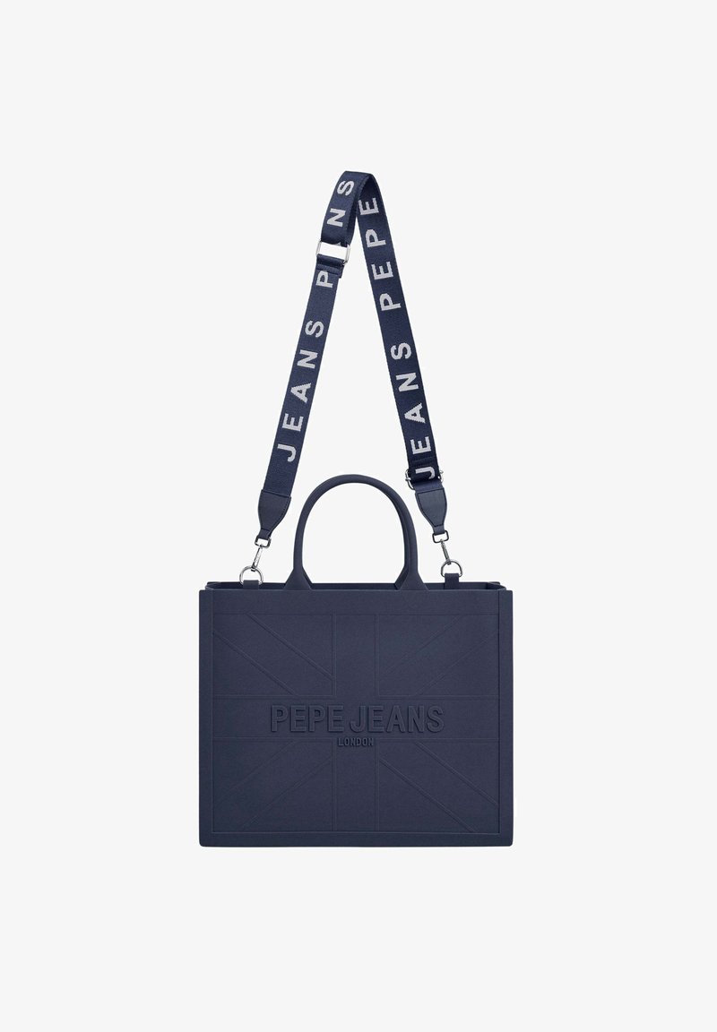 Navyblauwe rechthoekige tote bag gemaakt van rubber, met reliëflogo "PEPE JEANS LONDON", dubbele handvaten en een gestreepte verstelbare schouderband.