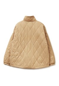 Beige gesteppte Jacke mit einem Rautenmuster, hohem Kragen und lockerer Passform. Weicher Stoff mit elastischen Bündchen und Saum.