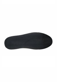 Sole di scarpa in gomma nera con un motivo a spina di pesce e dettagli del logo, caratterizzata da un bordo liscio e un tacco curvo. Design piatto standard.