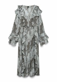 Robe longue avec détails à volants, présentant un motif complexe de feuilles paisley marron et blanc et des manches évasées sur un fond blanc.