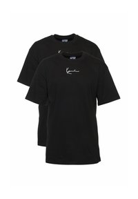 Two black cotton t-shirts with short sleeves, crew necks, and a white logo printed on the chest. Casual design, standard fit.
