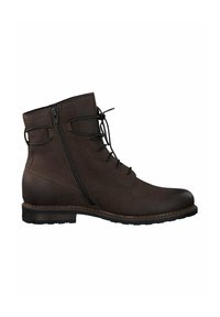 Bottines en cuir marron avec un lacet à l'avant et une fermeture éclair sur le côté. Présente un bout arrondi et une finition texturée, accentuée par des détails cousus.