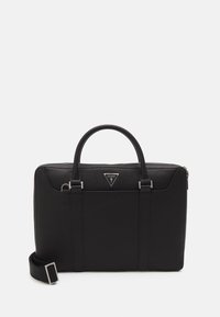 Sort laptop taske i struktureret syntetisk materiale med to håndtag, en aftagelig skulderrem og en trekantet logo detajle på forsiden.