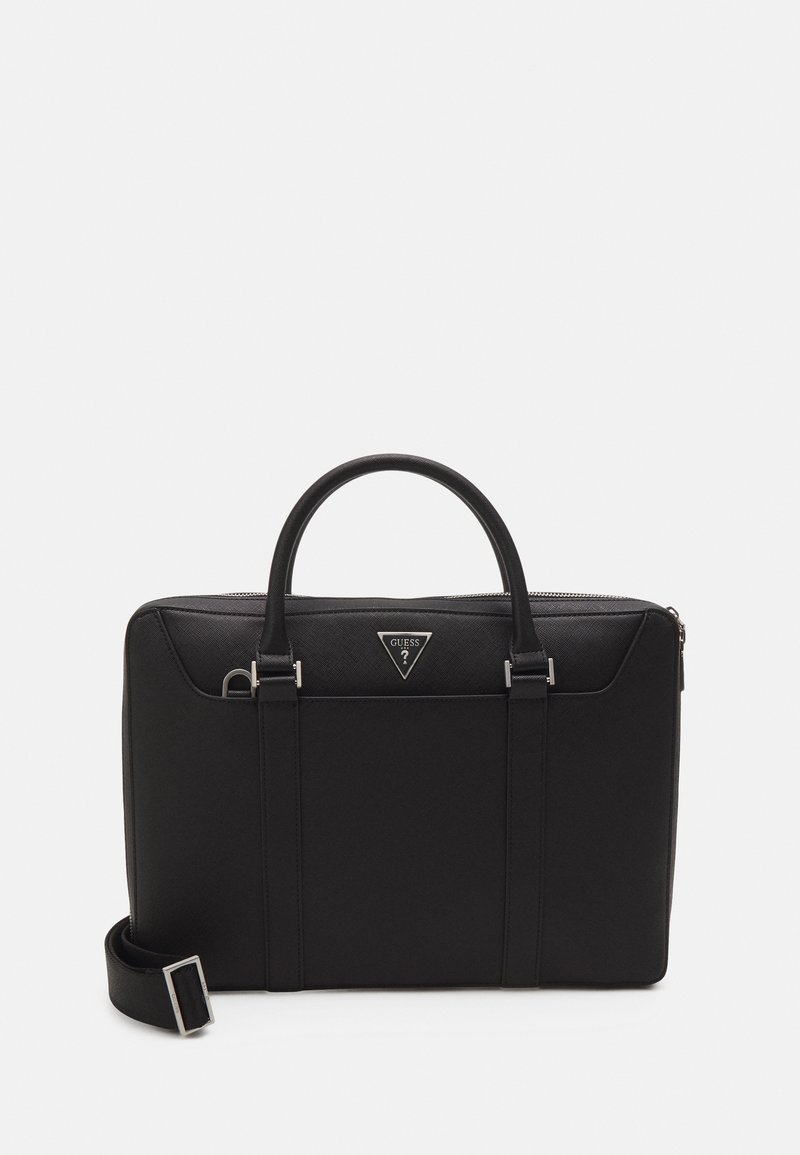 Sort laptop taske i struktureret syntetisk materiale med to håndtag, en aftagelig skulderrem og en trekantet logo detajle på forsiden.