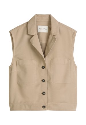 Beżowa bezrękawnikowa kamizelka zapinana na guziki, z kołnierzem i dwoma dużymi przednimi kieszeniami, z oznaczeniem marki Marc O'Polo wewnątrz przy karku.