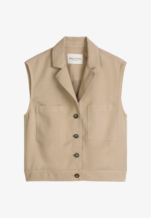 Beige mouwloze vest met knopen, een kraag en twee grote voorzakken, met het merk Marc O'Polo in de binnenkant van de halslijn.