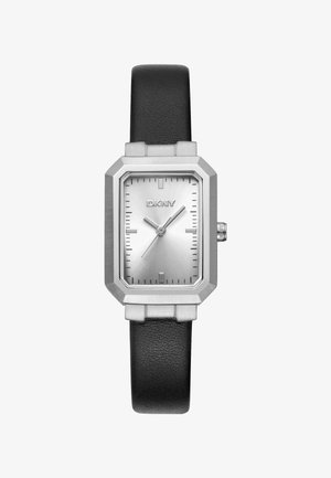 Silver rectangular watch face with a brushed finish, black leather strap, and octagonal stainless steel casing. Features minimal hour markers.