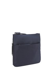 Borsa in nylon blu scuro con zip, dotata di una tasca frontale, superficie liscia, forma rettangolare e un discreto dettaglio del logo sulla base.