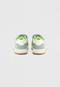 Rohelised seemisnahast tossud valgete aktsentidega, tarraskinnitustega ja kollakasrohelise sisemise voodriga. Tasapinnaline kummikummist tald kergelt pruunika varjundiga.