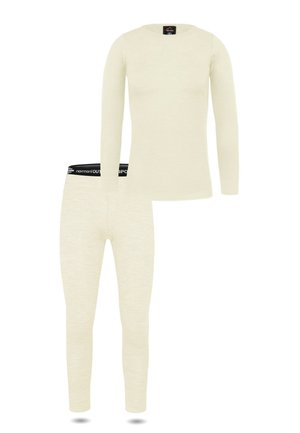 Langärmliges Thermoshirt in Cremefarbe und passende Leggings mit schwarzem elastischem Bund und weißem Markentext.