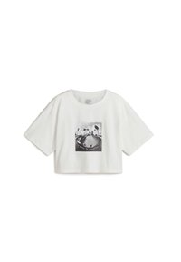 Witte cropped t-shirt van katoen. Heeft een zwart-wit grafisch print gecentreerd aan de voorkant met palmboompjes en een skateboardmotief.