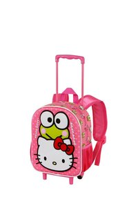 Roze rolrugzak met een Hello Kitty- en een kikkerafbeelding, voorzien van stippen, stevige wielen en verstelbare schouderbanden.