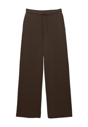 Pantalon large marron foncé avec taille élastique et cordon ajustable, poches avant, coupe décontractée.