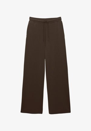 Pantaloni marrone scuro a gamba larga con vita elastica e coulisse regolabile, tasche anteriori e vestibilità comoda.