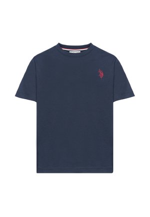 T-shirt blu navy a maniche corte con scollo rotondo e piccolo logo di un giocatore di polo ricamato in rosso sul petto a sinistra.