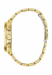 Montre dorée présentée de manière latérale, avec un boîtier rond, trois boutons sur le côté et un bracelet en maillons métalliques avec un fermoir argenté.