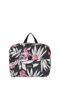 Bloemenprint tas met een zwarte achtergrond, voorzien van roze orchideeën en groene bladeren. Rechthoekige vorm, voorvak met rits en handvat aan de bovenkant.