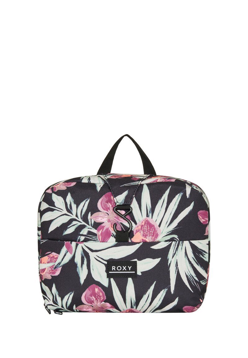 Bloemenprint tas met een zwarte achtergrond, voorzien van roze orchideeën en groene bladeren. Rechthoekige vorm, voorvak met rits en handvat aan de bovenkant.