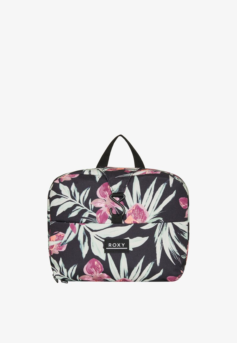 Bloemenprint tas met een zwarte achtergrond, voorzien van roze orchideeën en groene bladeren. Rechthoekige vorm, voorvak met rits en handvat aan de bovenkant.