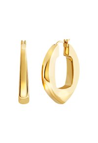 Náušnice ve tvaru kruhu v zlatém odstínu mají hladký, zaoblený design s lesklým povrchem. Náušnice mají plochou zadní stranu pro bezpečné upevnění.