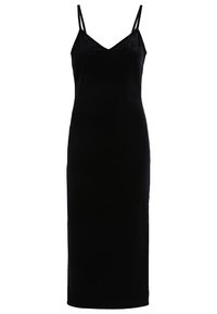 Musta, hihaton maksimekko ohuilla olkaimilla, jossa on V-kaula-aukko. Mekko on valmistettu sileästä kankaasta, joka istuu tiiviisti vartaloon.