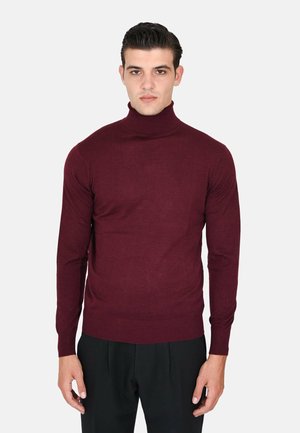 Maglione a collo alto color bordeaux in un materiale morbido. Design aderente con maniche lunghe e rifiniture a costine al collo e all'orlo. Tessuto liscio, senza motivi.