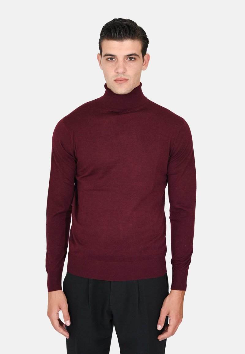 Maglione a collo alto color bordeaux in un materiale morbido. Design aderente con maniche lunghe e rifiniture a costine al collo e all'orlo. Tessuto liscio, senza motivi.