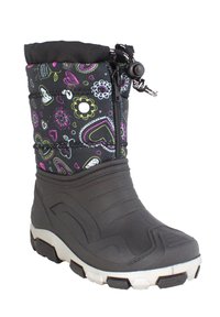 Zwarte winterlaars met een gestikte, gekleurde, zachte bovenkant. Voorzien van een rubberen zool met opvallende noppen en een trekkoordsluiting aan de bovenkant.