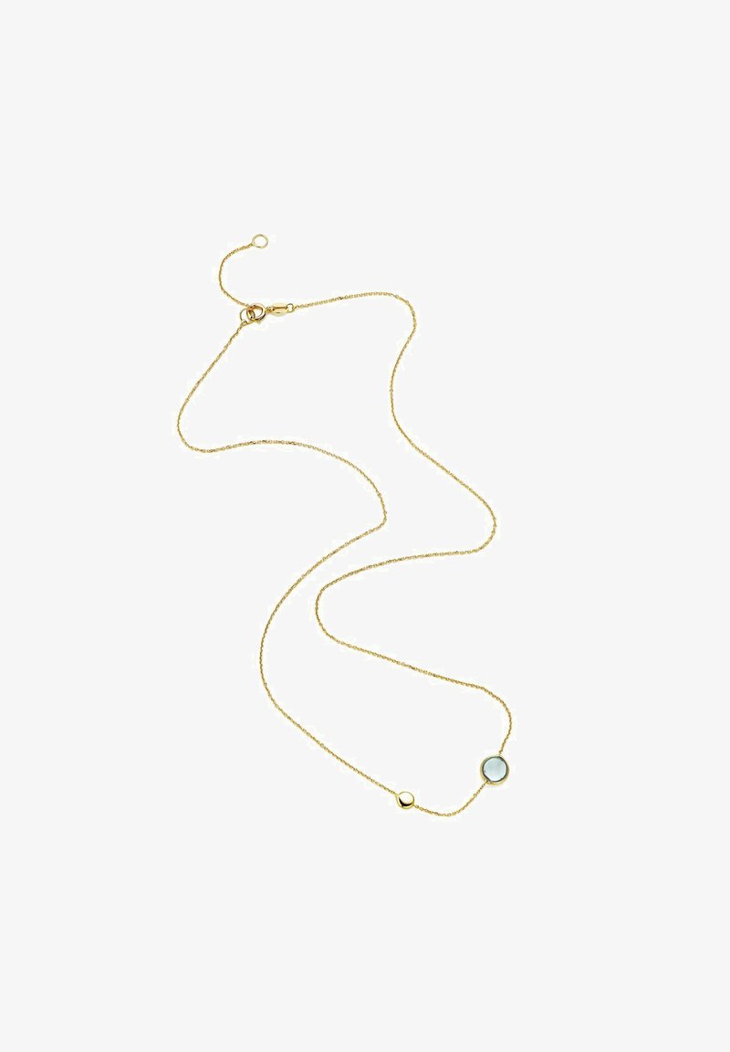 Gouden ketting met een delicate schakel, voorzien van een ronde hanger en een kleine ronde accent, met een slank en minimalistisch ontwerp.