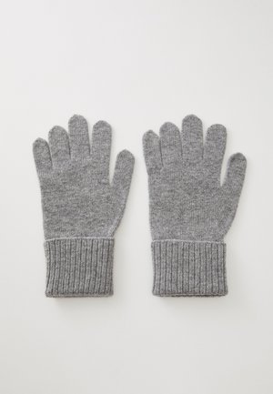 Um par de luvas de lã tricotadas em cinza com punhos canelados, dispostas de forma plana sobre uma superfície branca.