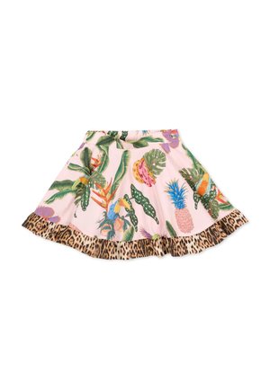 Roze rok met tropische bladeren, fruit en vogels print, met een ruches zoom in luipaardprint.