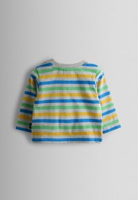 Dryžuotas ilgomis rankovėmis marškinėliai su mėlynomis, žaliomis, geltonomis ir pilkomis juostomis. Minkšta medvilnė su pilku apykaklės kraštu ir laisvu kirpimu.