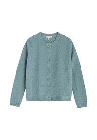  muted teal värvi kardigan, millel on struktureeritud muster, ümar kaelus ja kuus sobivat nuppu ees. Ribidega äär ja varrukate otstega.