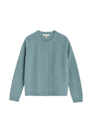 Suéter cardigan en verde azulado apagado, con un patrón texturizado, cuello redondo y seis botones a juego en el frente. Ribetes de canalé en el dobladillo y los puños.