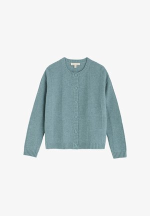 Sveter s cardiganovým strihom v tlmených teal farbách, s textúrovaným vzorom, okrúhlym výstrihom a šiestimi zladenými gombíkmi na prednej strane. Hrudník a manžety sú rebrované.