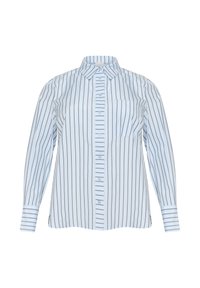 Camisa de botones a rayas en azul claro y marino. Cuenta con un cuello, mangas largas y un bolsillo. Fabricada en tela de algodón, con una textura suave.