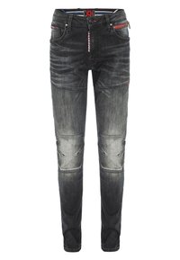 Graue Denim-Jeans mit einem verwaschenen Erscheinungsbild, ausgestattet mit mehreren Taschen, kontrastierenden Nähten und Reißverschlussakzenten an den Seiten.