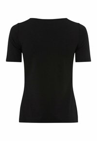 Maglietta nera a maniche corte realizzata in materiale morbido. Presenta un colletto rotondo e un design aderente. Retro senza cuciture, senza motivi o accenti.