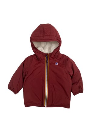 Giacca con cappuccio rossa per bambini, foderata in pile, con polsini elasticizzati e una zip multicolore sulla parte anteriore.