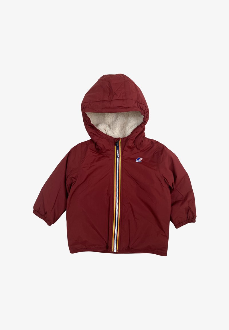 Giacca con cappuccio rossa per bambini, foderata in pile, con polsini elasticizzati e una zip multicolore sulla parte anteriore.