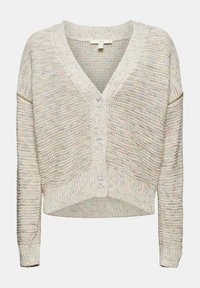 Leichter, kurzer Cardigan aus strukturiertem Strickstoff. Verfügt über einen V-Ausschnitt, lange Ärmel und vier Knöpfe in einem mehrfarbigen Sprenkelmuster.