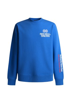 Felpa blu con logo bianco "Red Bull Racing" sul petto e testo bianco e rosso "Authentic Race Gear Red Bull Racing Team" sulla manica destra.