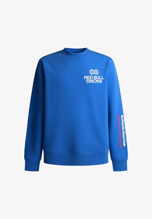 Modra mikica s kapuco z belim logotipom "Red Bull Racing" na prsih in belim in rdečim besedilom "Authentic Race Gear Red Bull Racing Team" na desnem rokavu.