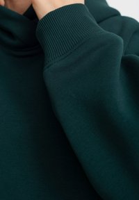 Donkergroen sweatshirt met een hoge nek en geribbelde manchetten. Zachte textuur met een effen kleur, die een relaxte pasvorm voor comfort toont.