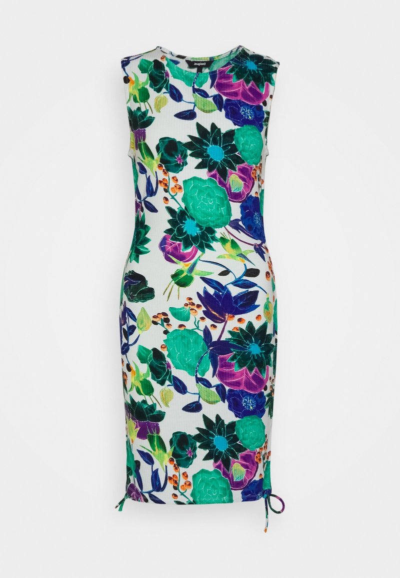 Kukkakuvioinen hihaton mekko, jossa on ribbitekstuuri. Ominaisuutena kirkkaat siniset, vihreät ja violetit kukat valkoisella taustalla. Säädettävä narureuna.