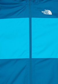 Mėlynas ir žalias spalvų blokų džemperis su centriniais užtrauktukais ir baltu The North Face logotipu viršutiniame kairiajame krūtinės kampe.