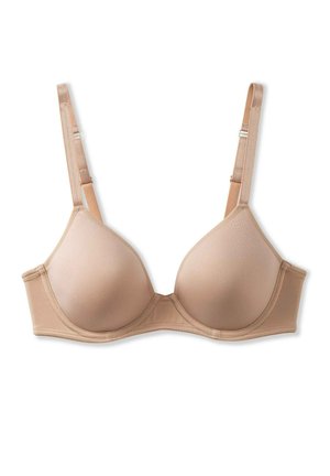 Beige gemoldere bh met verstelbare bandjes, een gladde textuur, ondersteuning door beugels en een naadloos ontwerp voor een gestroomlijnd uiterlijk.